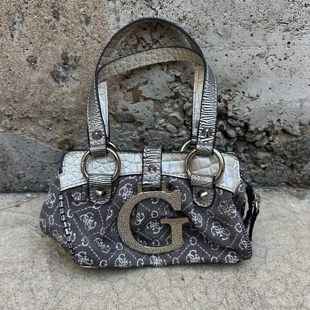 Vintage Guess Y2k Vintage Monogram Brown Denim White Snakeskin Micro Bag